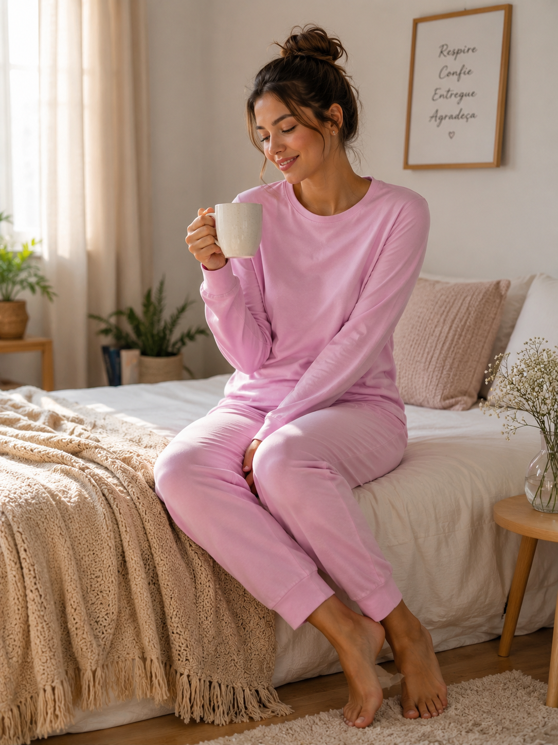 Modelo sentada na cama com café usando conjunto rosa de pijama da Donnas de Si