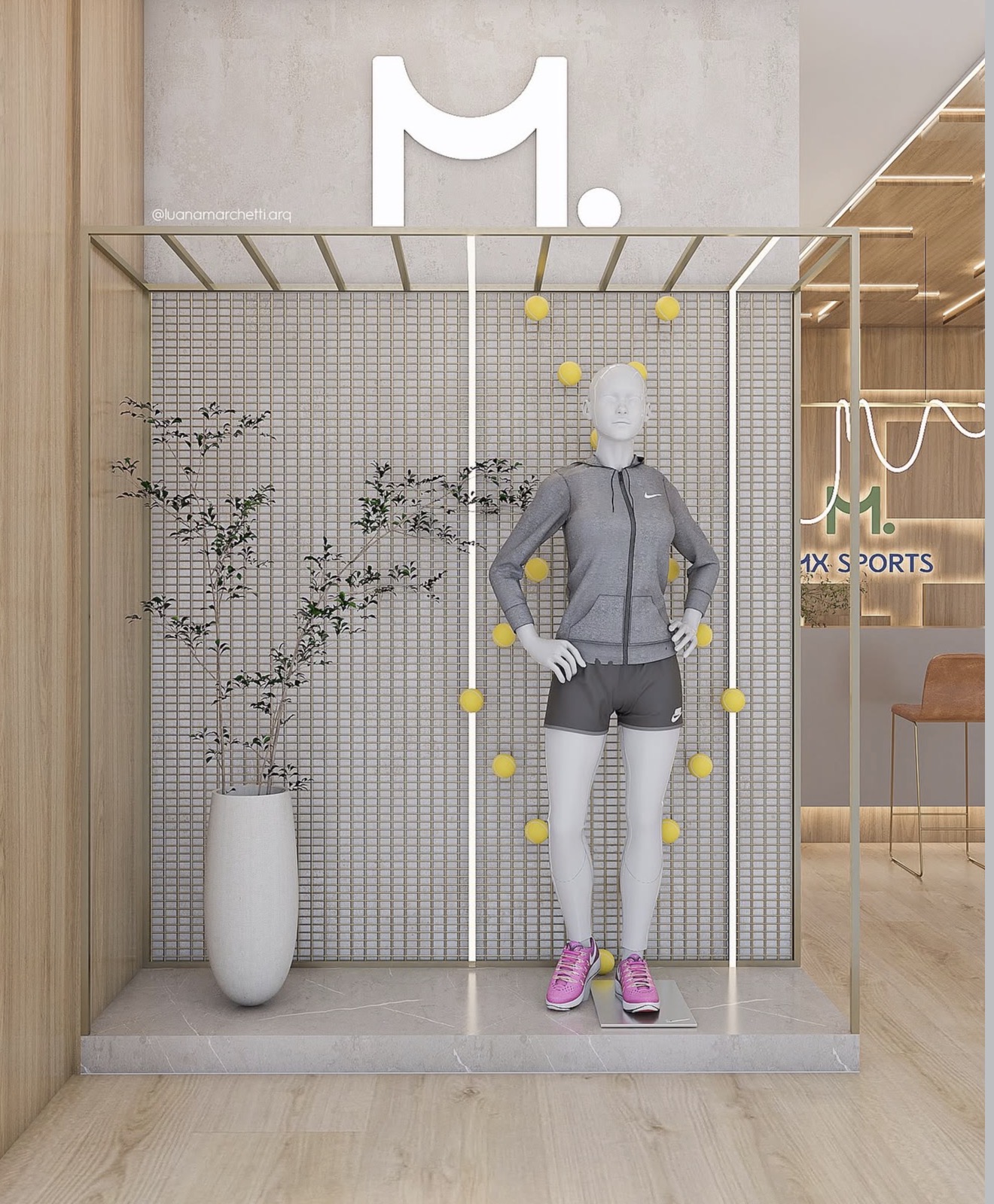Vitrine de loja esportiva com manequim e bolas de tênis