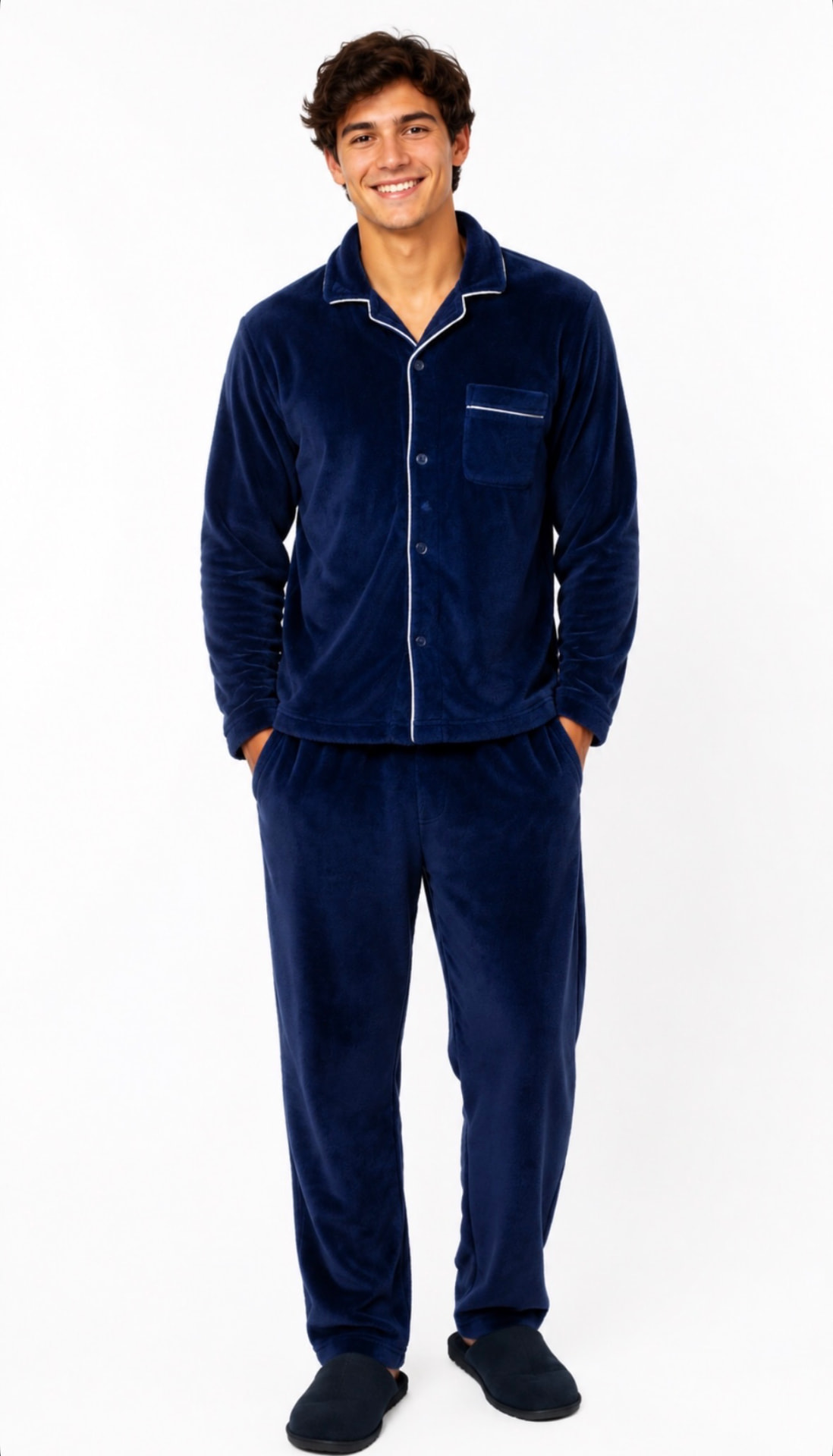 Modelo masculino usando pijama de pelúcia azul marinho
