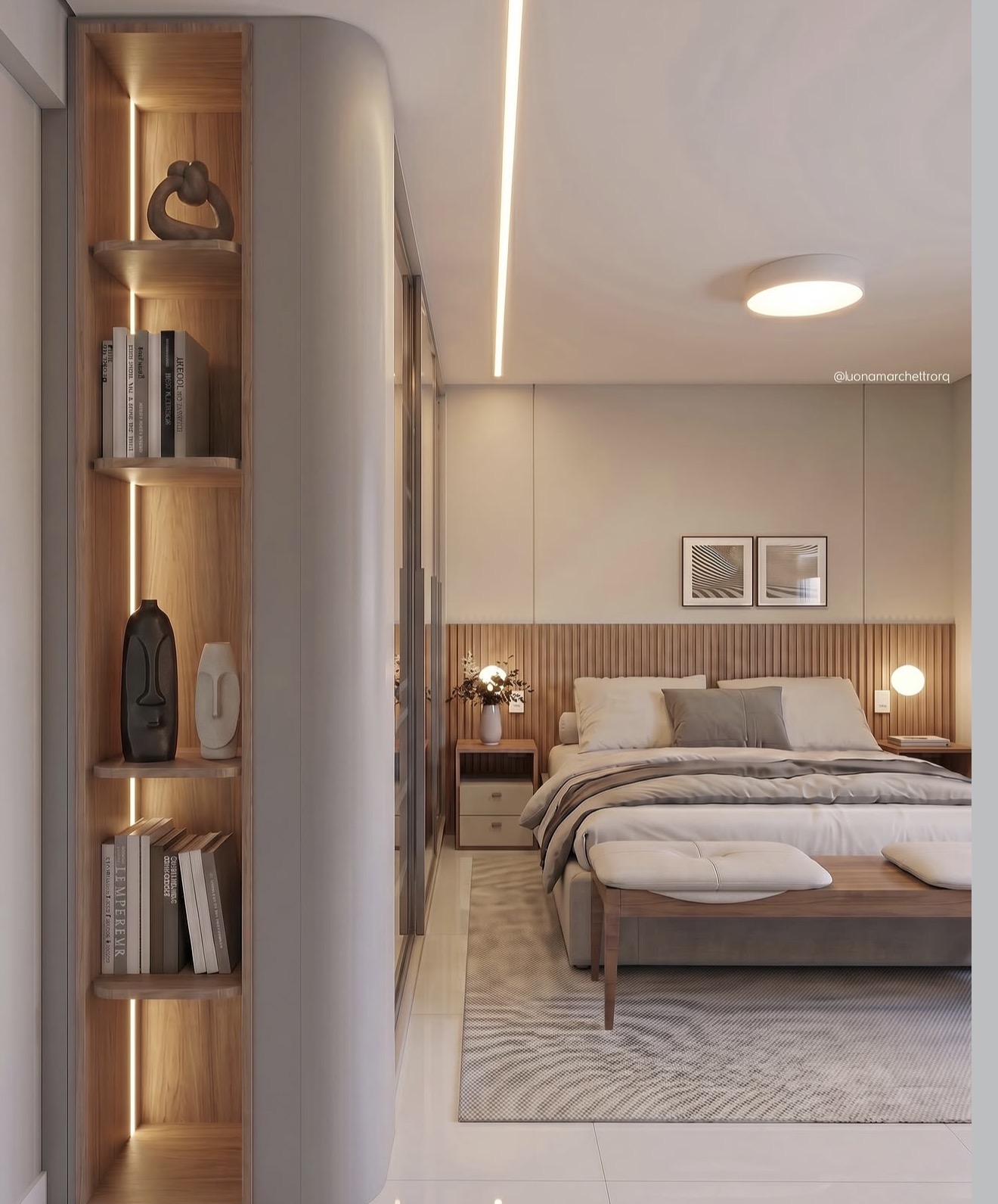 Quarto com estante de nichos iluminada, cama com roupa bege e TV na parede