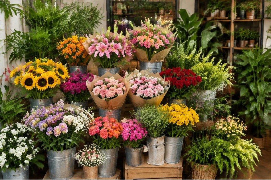 Imagem ilustrativa: Buquês e plantas em floricultura