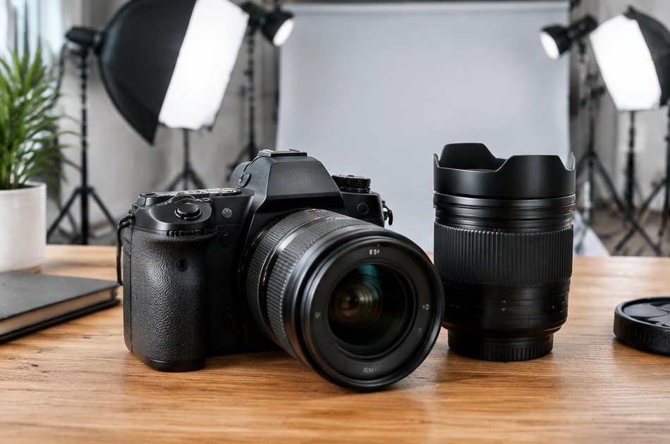 Imagem ilustrativa: Câmera e lentes em estúdio fotográfico