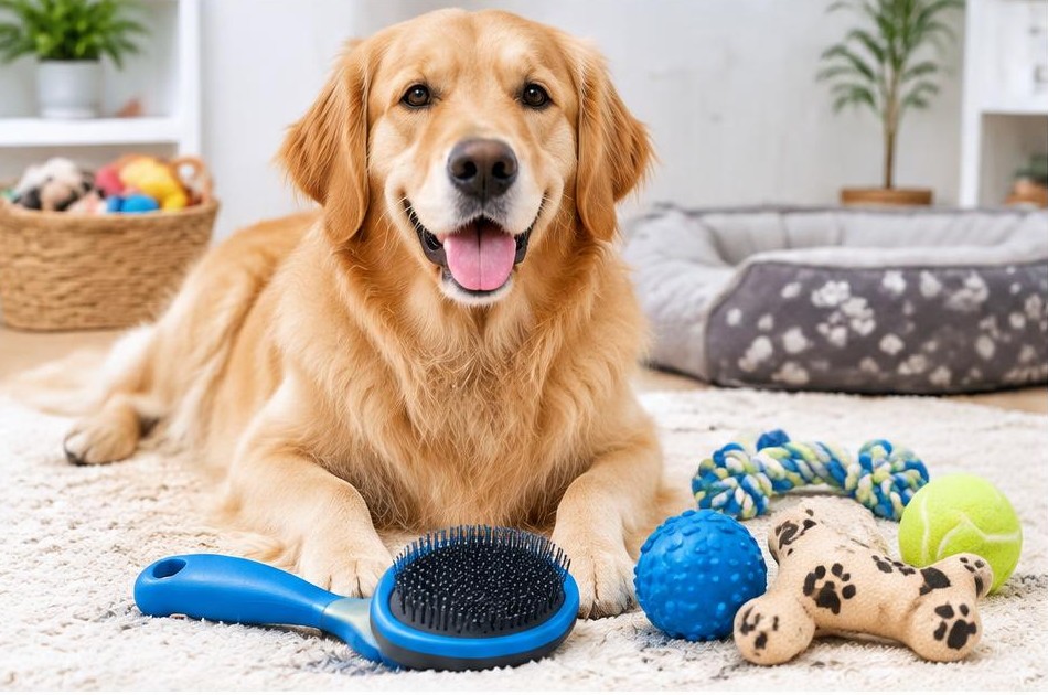 Imagem ilustrativa: Cachorro com brinquedos e acessórios para pets
