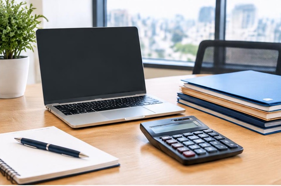 Imagem ilustrativa: Mesa de escritório com computador e calculadora
