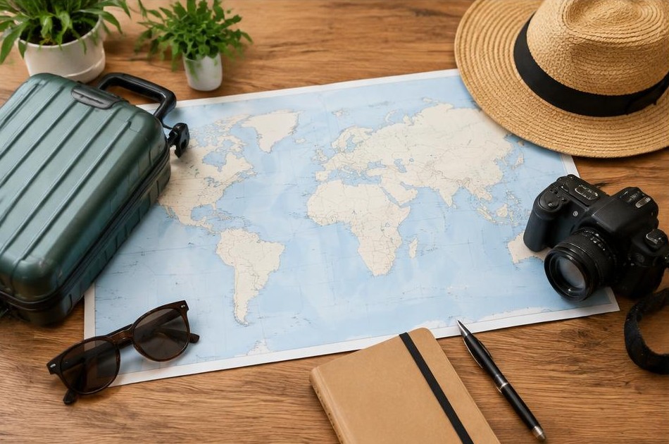 Imagem ilustrativa: Mala, mapa e acessórios para viagem