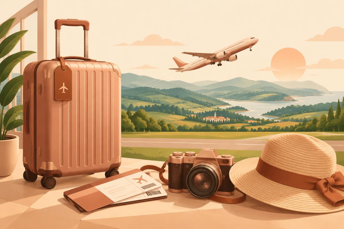 Imagem ilustrativa: Mala, câmera e chapéu de viagem