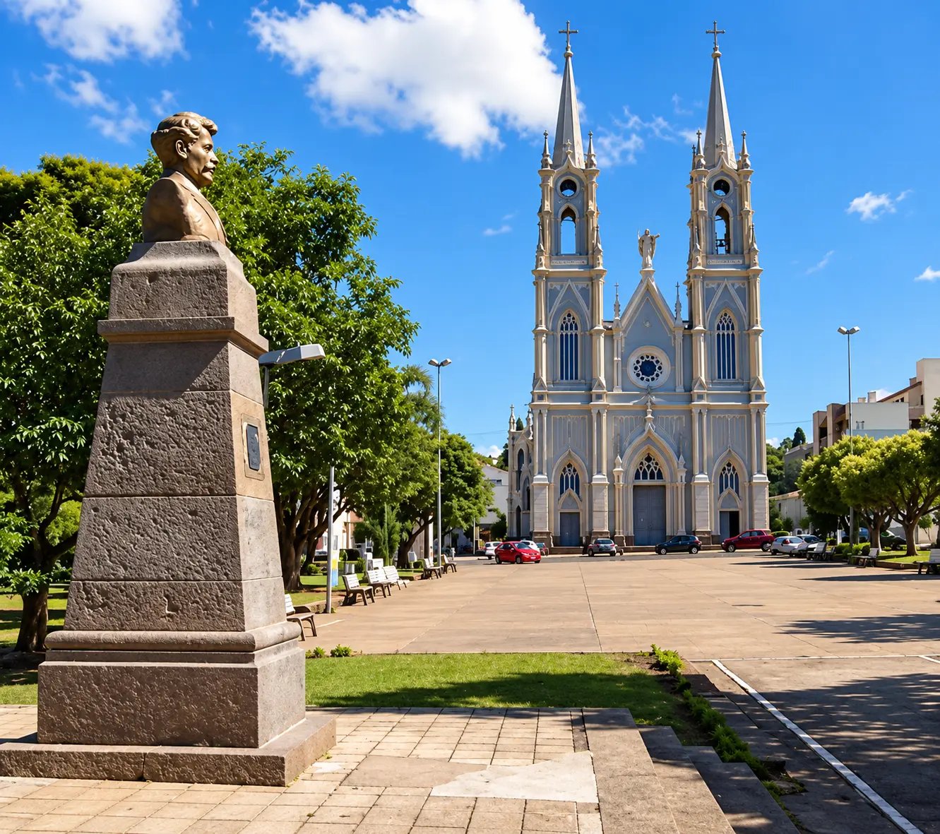 Busto de Vespasiano Corrêa com a Igreja Matriz ao fundo